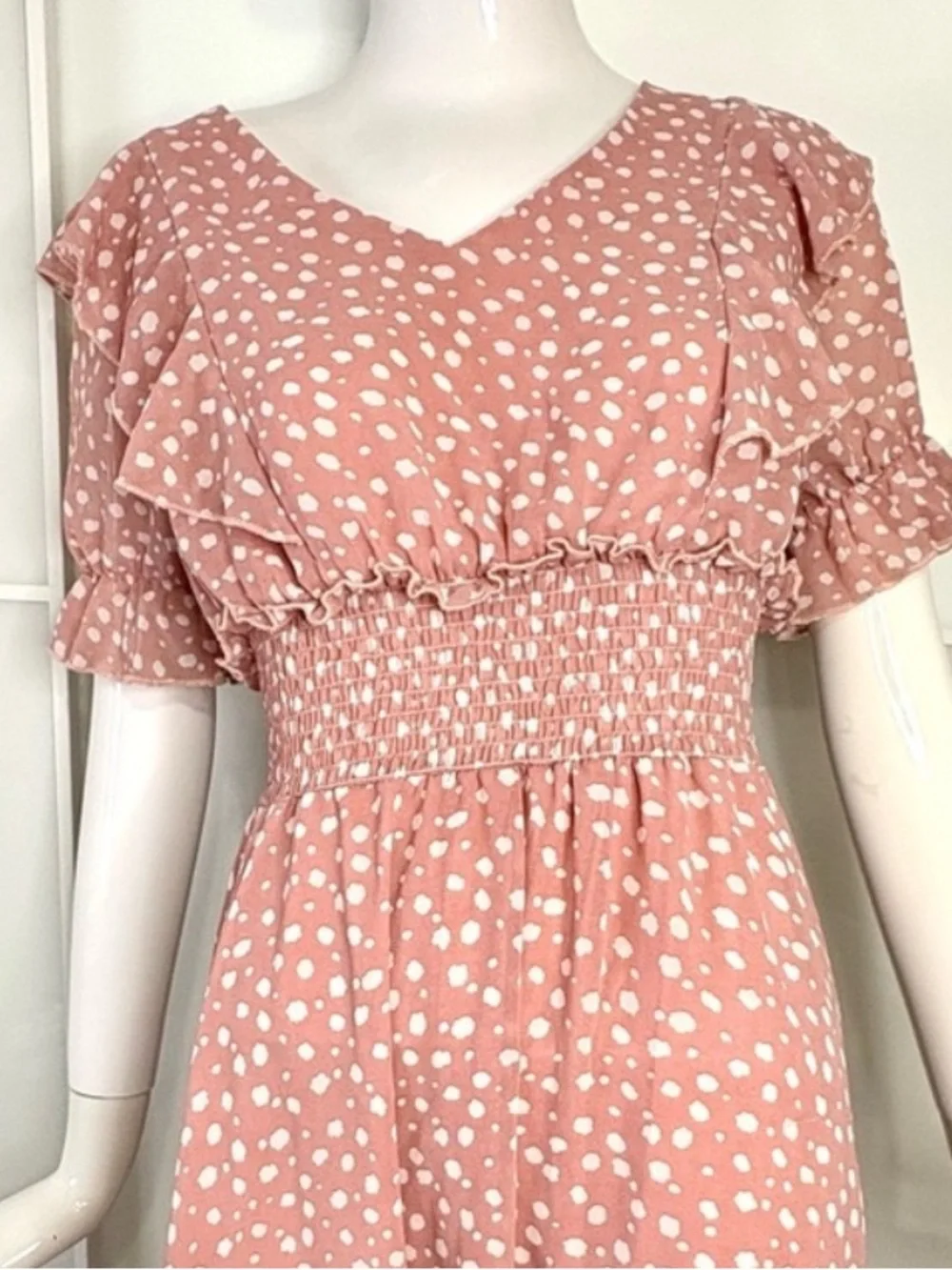 🎀 Coquette Romantic Dusty Rose Smocked Picnic Midi Dress Flutter Sleeve Sz M - Picture 5 of 7